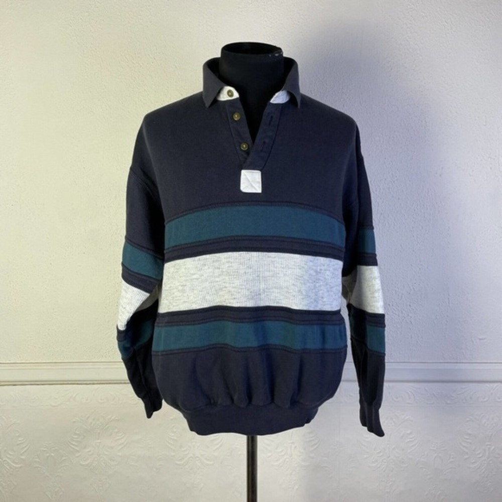 Vintage AZ‎ Sport Sweater Shirt Collared Stripe Mens L Pockets Pullover 90s Y2K